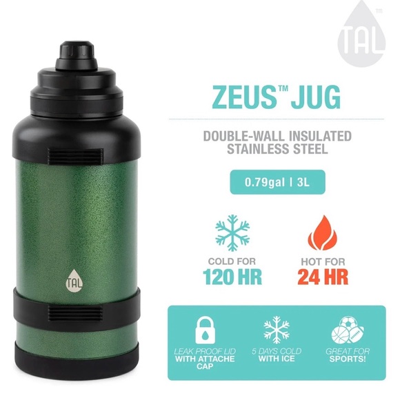 TAL Stainless Steel Zeus Water Bottle 3 Liter W/Handles Green Thermos Gym Camp - Picture 13 of 14